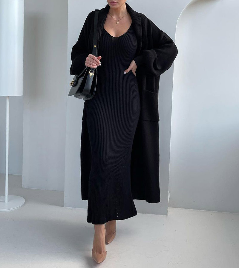 Rotimia Elegant Long Sweater Dress & Cardigan Coat Two Pieces Set