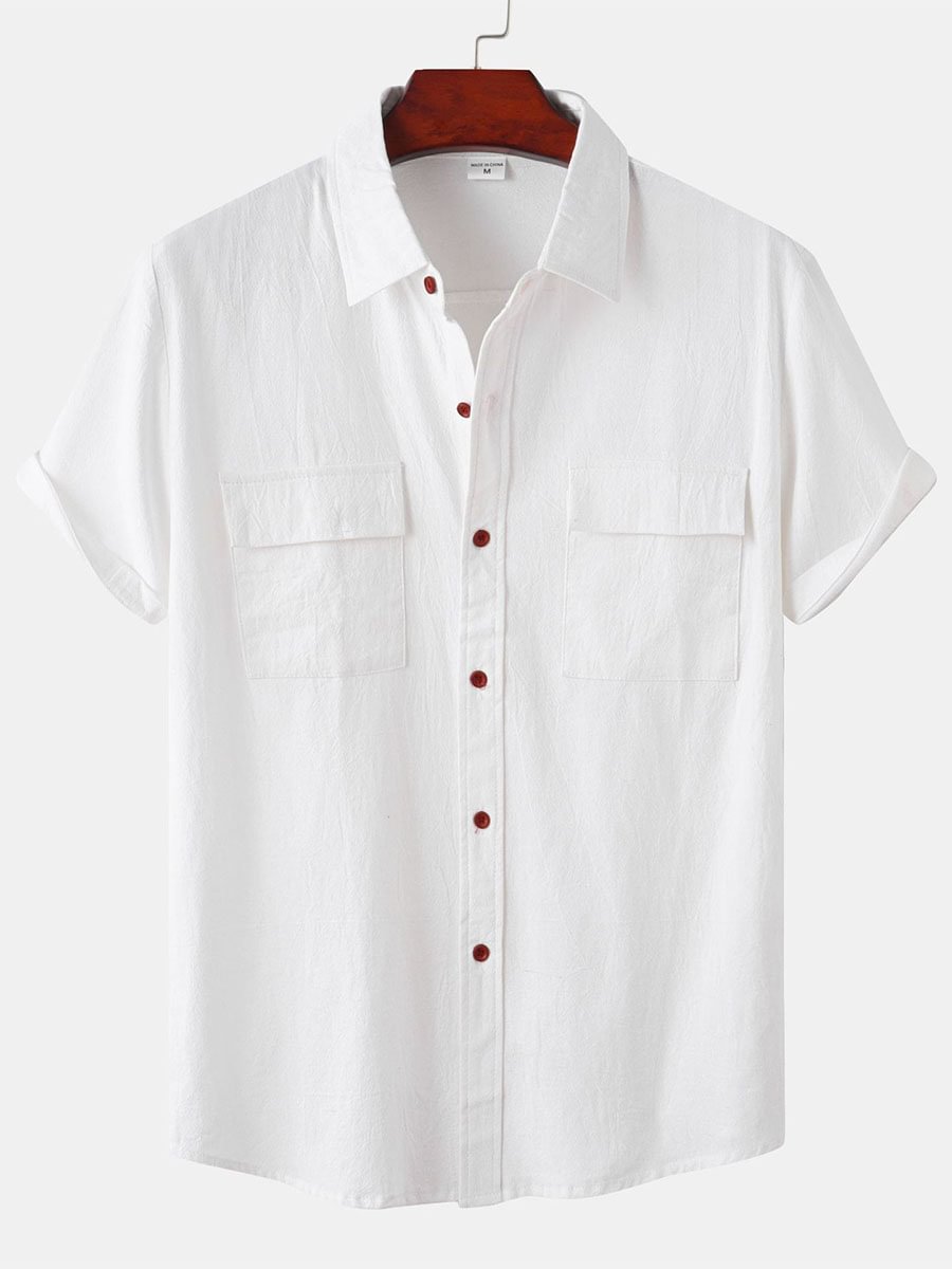 Men's Solid Color Polo Collar Patch Pocket Cotton and Linen Short-Sleeved Shirt