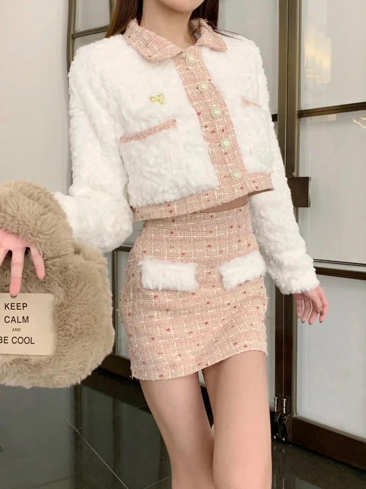 Huiketi Winter Women's 2 Piece Set Skirt Suits Korean Fashion Long Sleeve Plush Patchwork Tweed Short Coat + Mini Slim Skrit Outfits