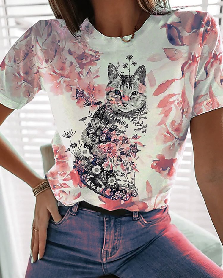 Casual O-neck cat print T-shirt