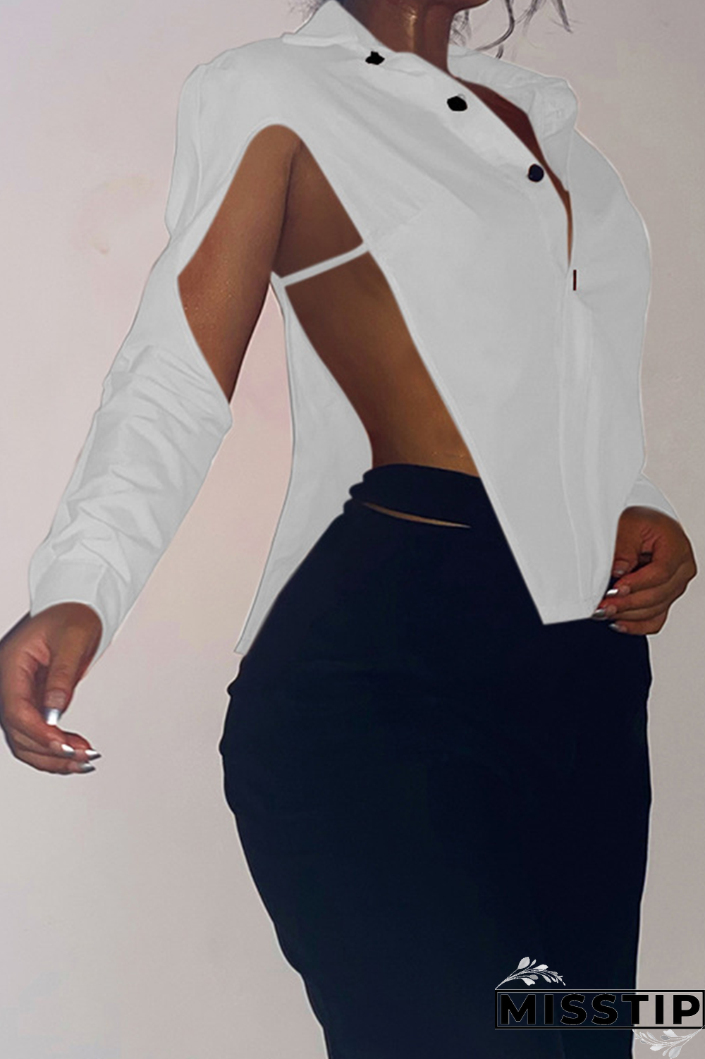 Grey Sexy Solid Hollowed Out Turndown Collar Tops