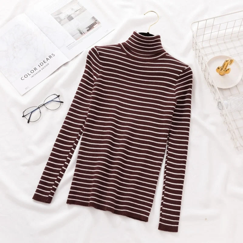 Women Vintage Black and White Striped Knitted Sweater Long Sleeve Turtleneck Slim Warm Casual Pullover 2021 Winter Fashion Tops