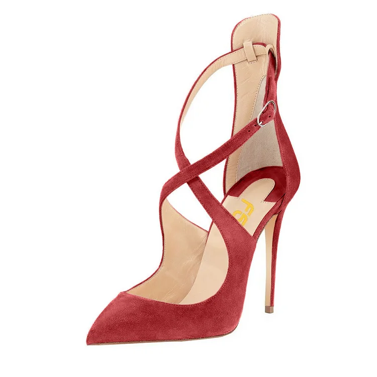 Red Vegan Suede Shoes Pointy Toe Cross over Strap Stiletto Heel Pumps |FSJ Shoes