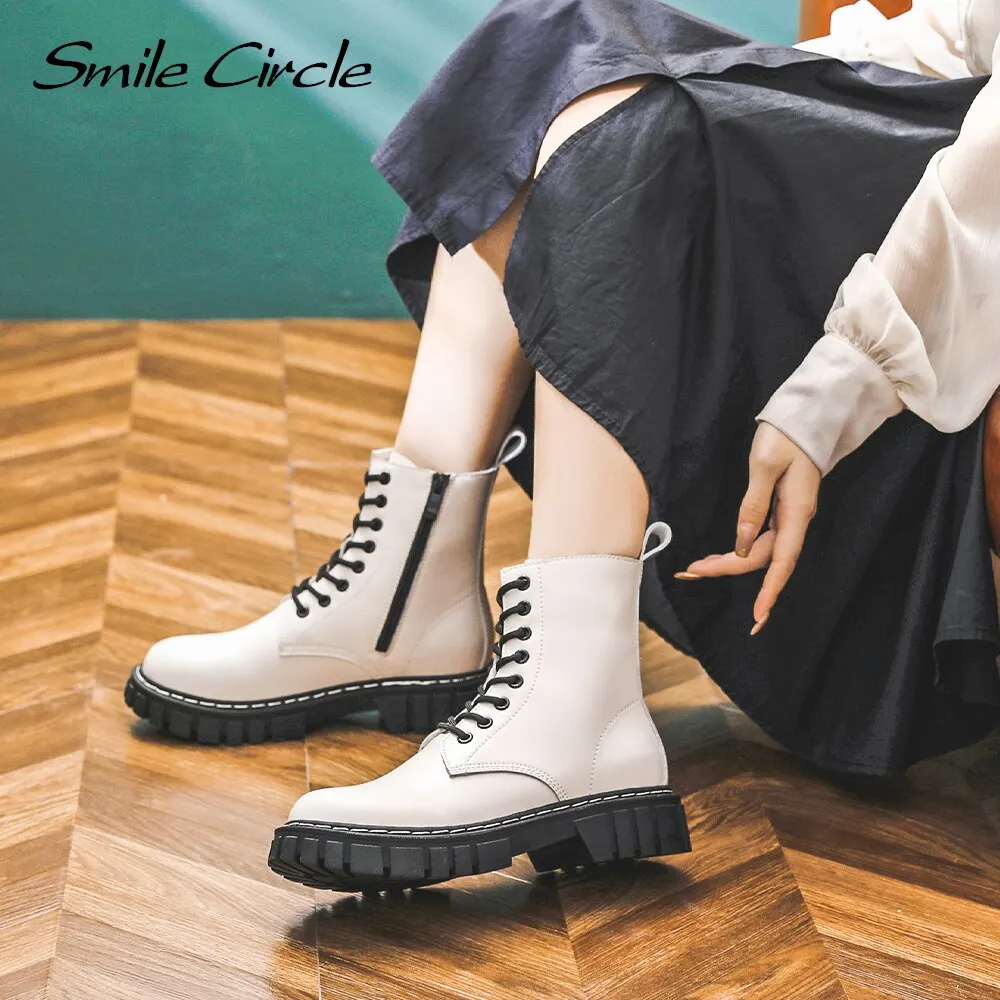 Smile Circle Autumn Ankle Boots Women Black Platform Boots Genuine Leather Side zipper Ladies Shoes Short Motorcycle Boots