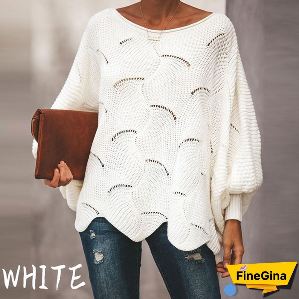 Women Plus Size Fashions Pure Color Hollow Out Bat Sleeve Loose Sweaters Ladies Autumn Winter Pullovers Tops S-5XL