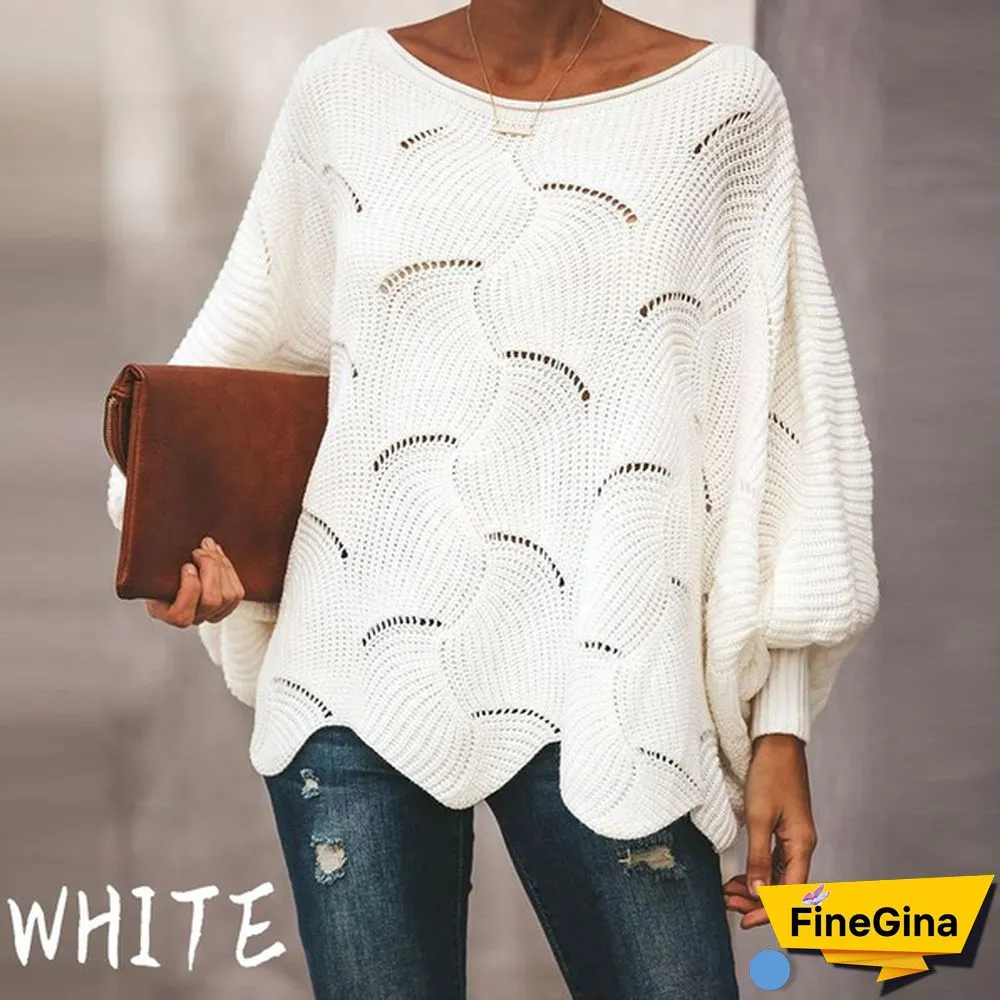 Women Plus Size Fashions Pure Color Hollow Out Bat Sleeve Loose Sweaters Ladies Autumn Winter Pullovers Tops S-5XL
