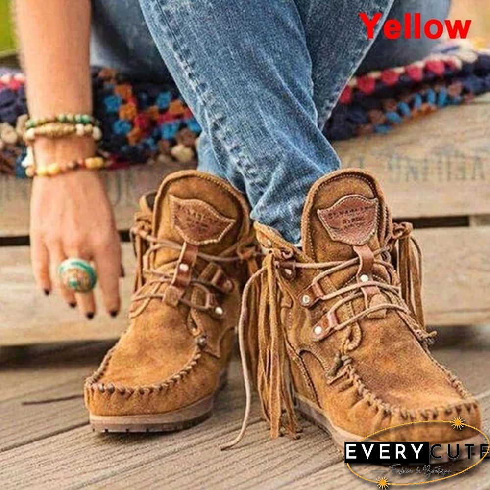 HOT Trend Fashion Faux Leather Tassel Boots for Women Short Platform Boots High Top Martin Boots Vintage Chunky Low Heel Short Boot Ankle Booties Flat Boots Autumn Winter Shoes for Female Plus Size