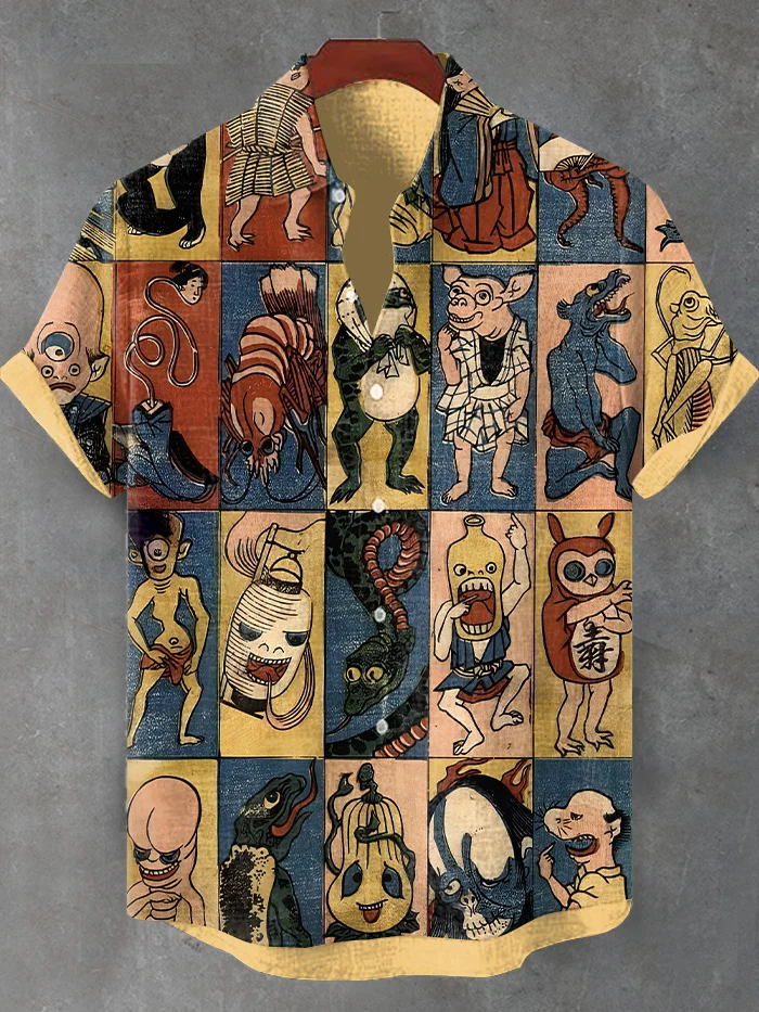 Men's Retro Japanese Art Myth Print Short Sleeve Shirt