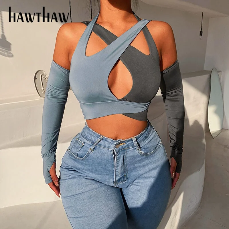 Hawthaw Women Fashion Color Block Hollow Out Slim Crop Tops T Shirt 2022 Spring Autumn Clothes Wholesale Items For Business