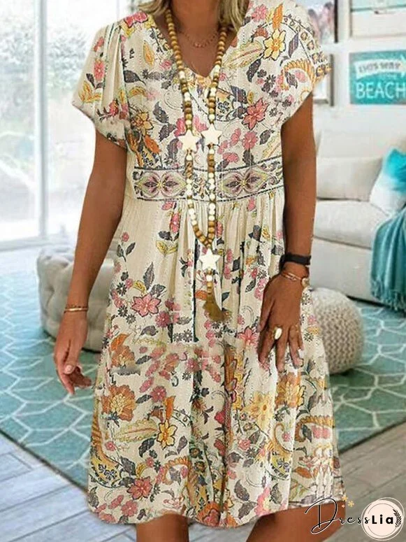 Women's Dresses Loose V-Neck Floral Short Sleeve Dress