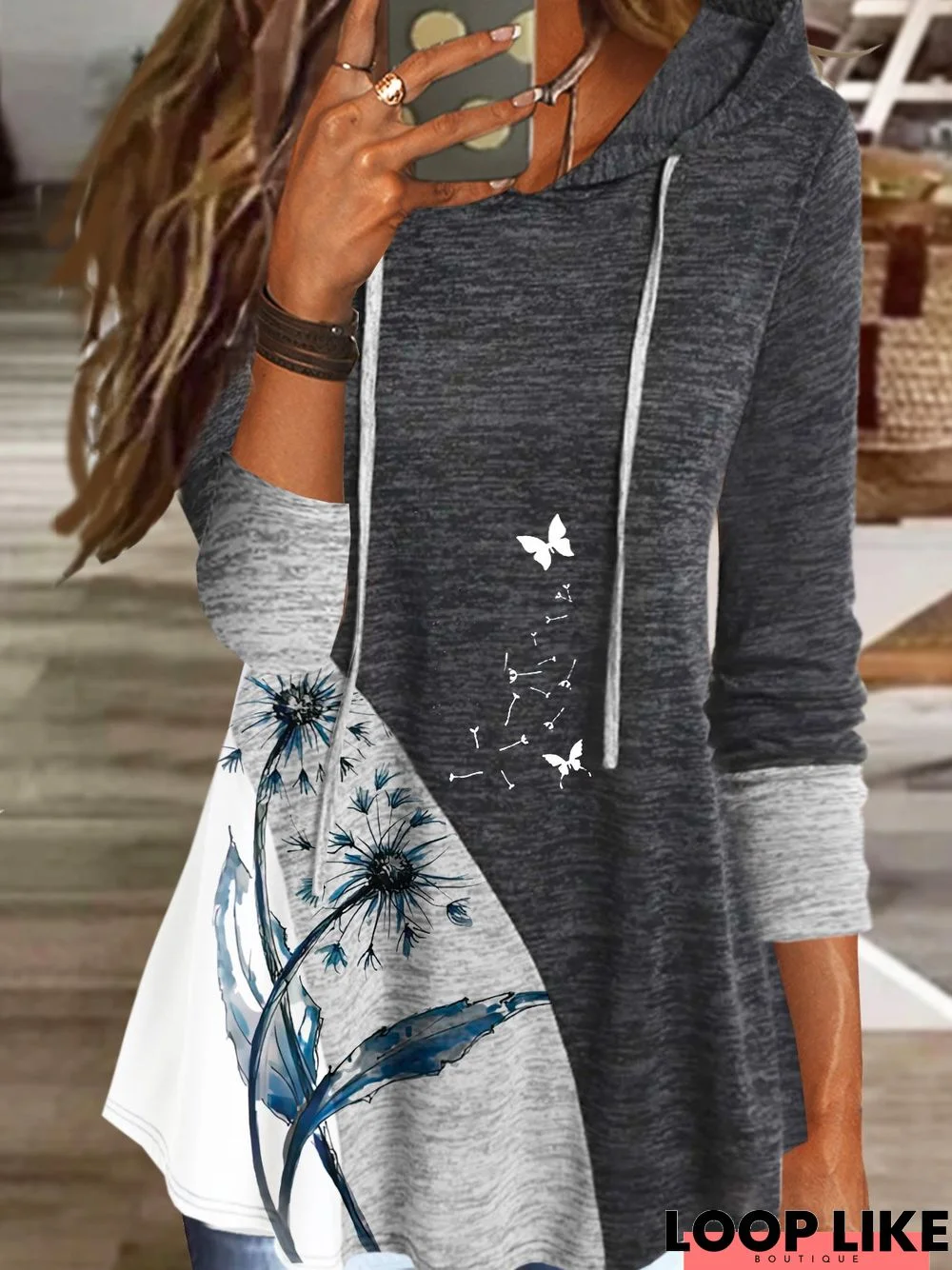 Dandelion Printed Casual Color-block Long Sleeved Hoodie Tunic Sweatshirt