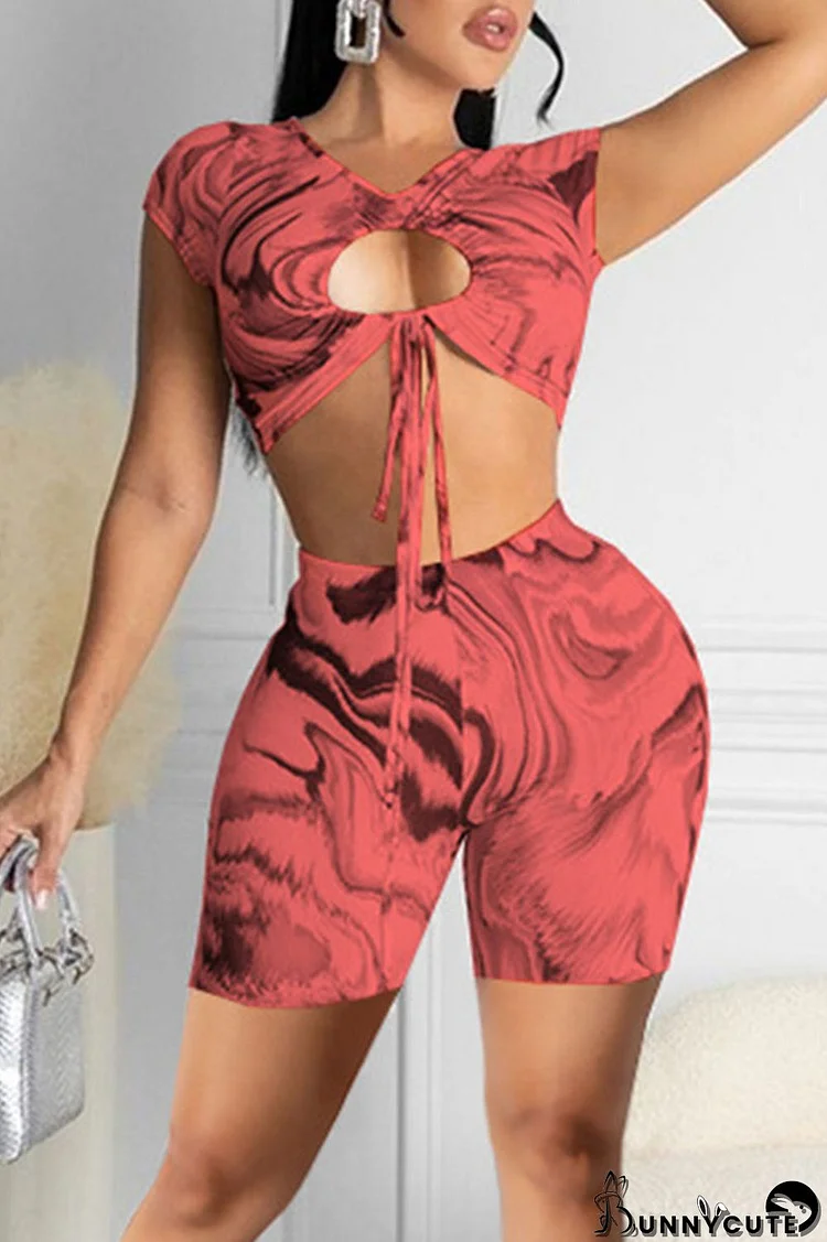 Tangerine Red Sexy Print Hollowed Out Split Joint Frenulum O Neck Short Sleeve Two Pieces