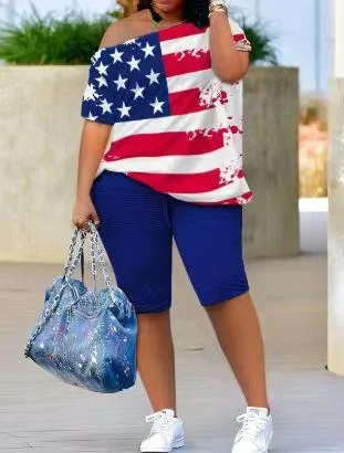 Brownm Brownm Summer One-Line Shoulder Print Short-Sleeved T-Shirt, Pleated Shorts, Women's Suit