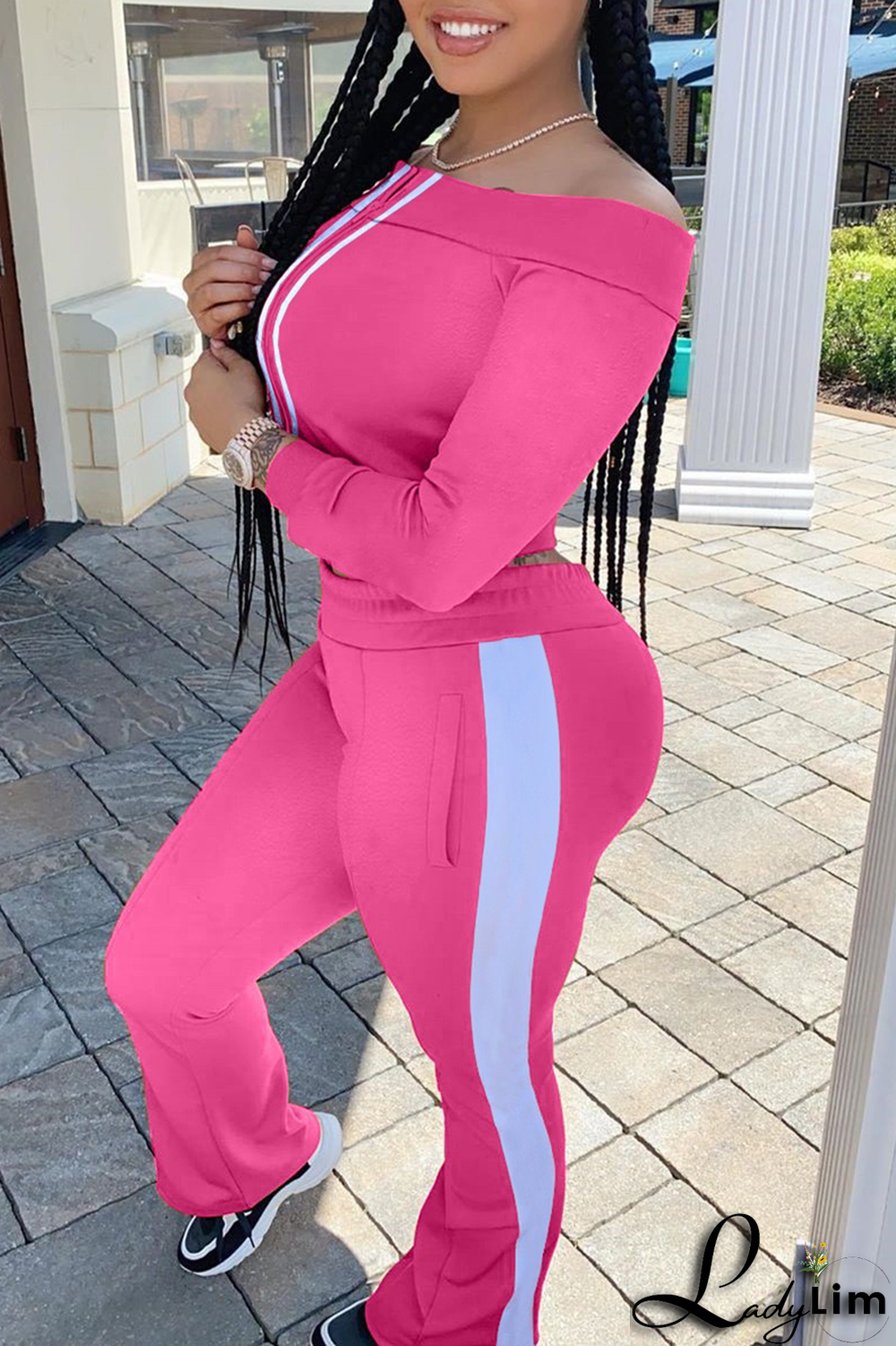 Pink Casual Solid Split Joint Off the Shoulder Long Sleeve Two Pieces