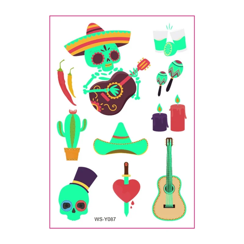 New Day of the Dead Luminous Fluorescent Tattoo Sticker Children's Cartoon Waterproof Guitar Halloween Skull Tattoo