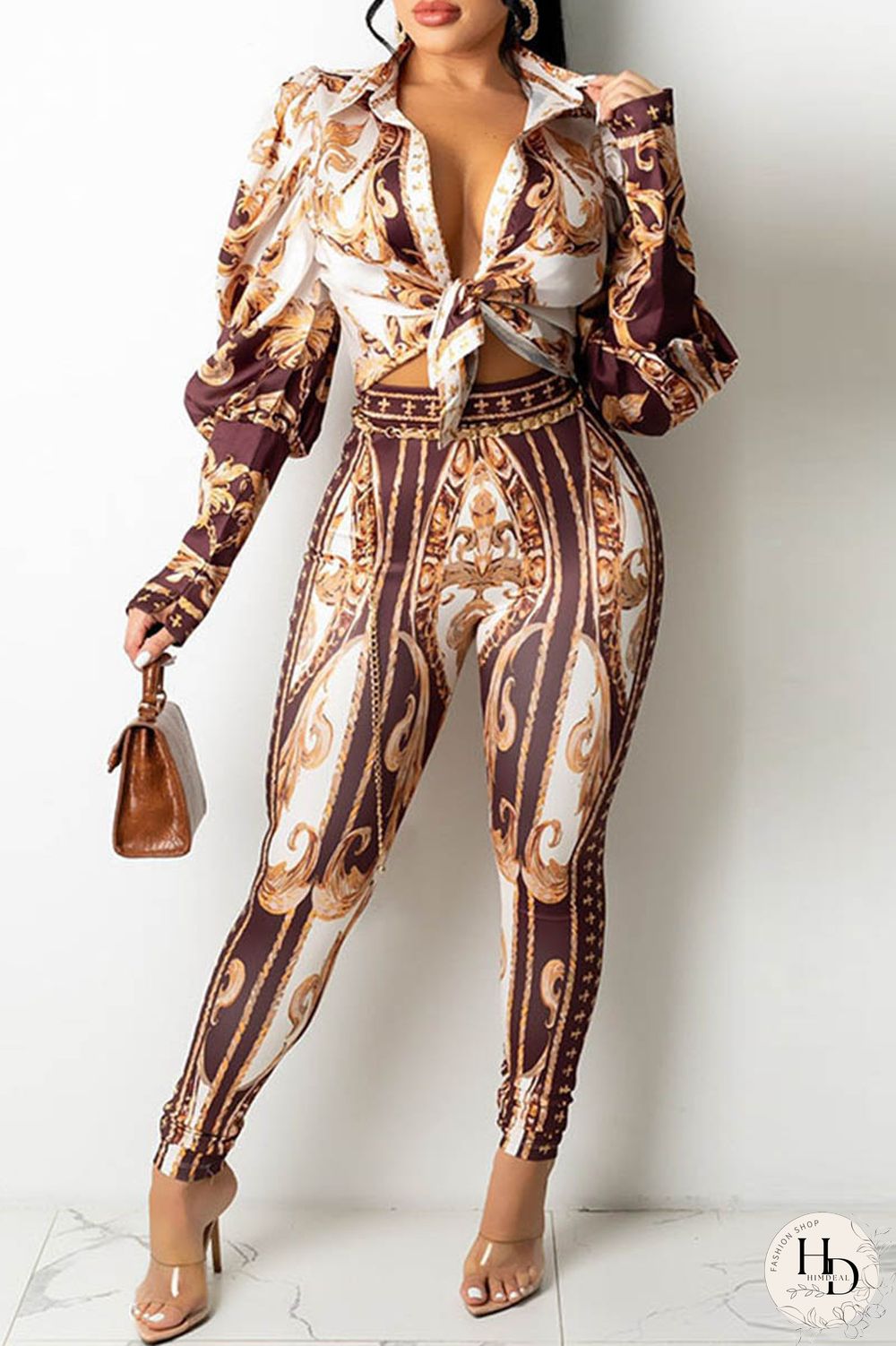 Brown Casual Print Patchwork Turndown Collar Long Sleeve Two Pieces