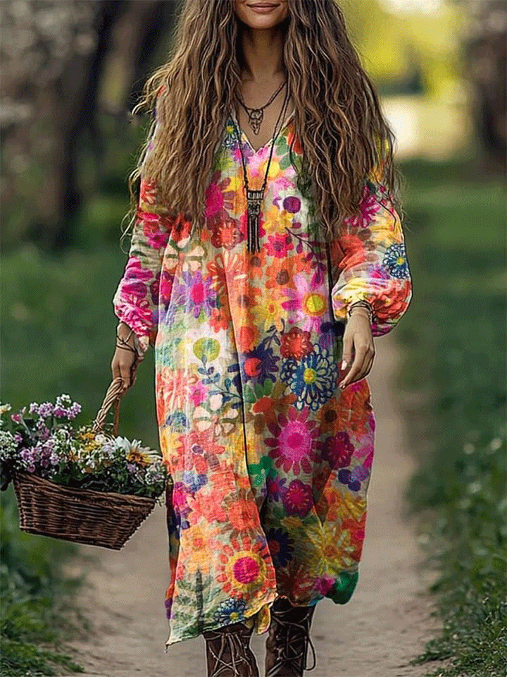 Women's Colorful Floral Pattern Print Loose V Neck Pocket Cotton Dress