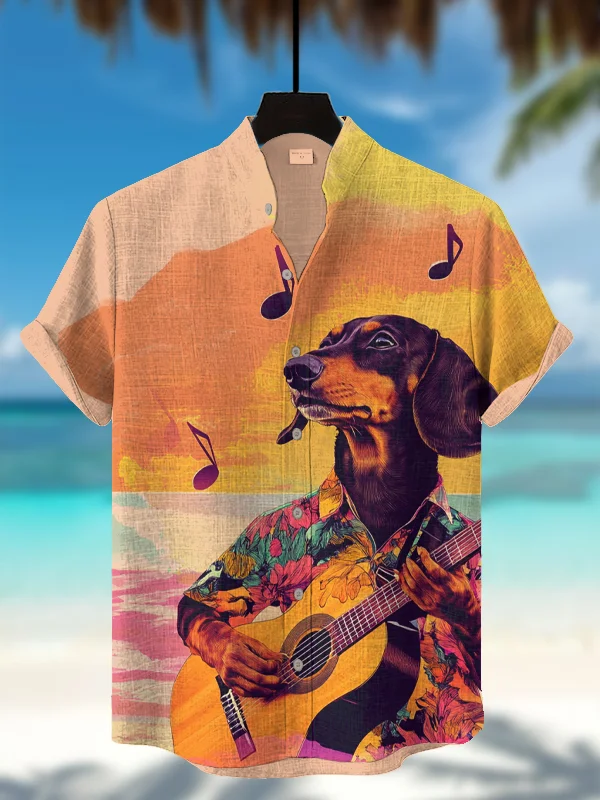 Men's Dachshund Dog Playing Guitar Sunset Art Print Short Sleeve Shirt