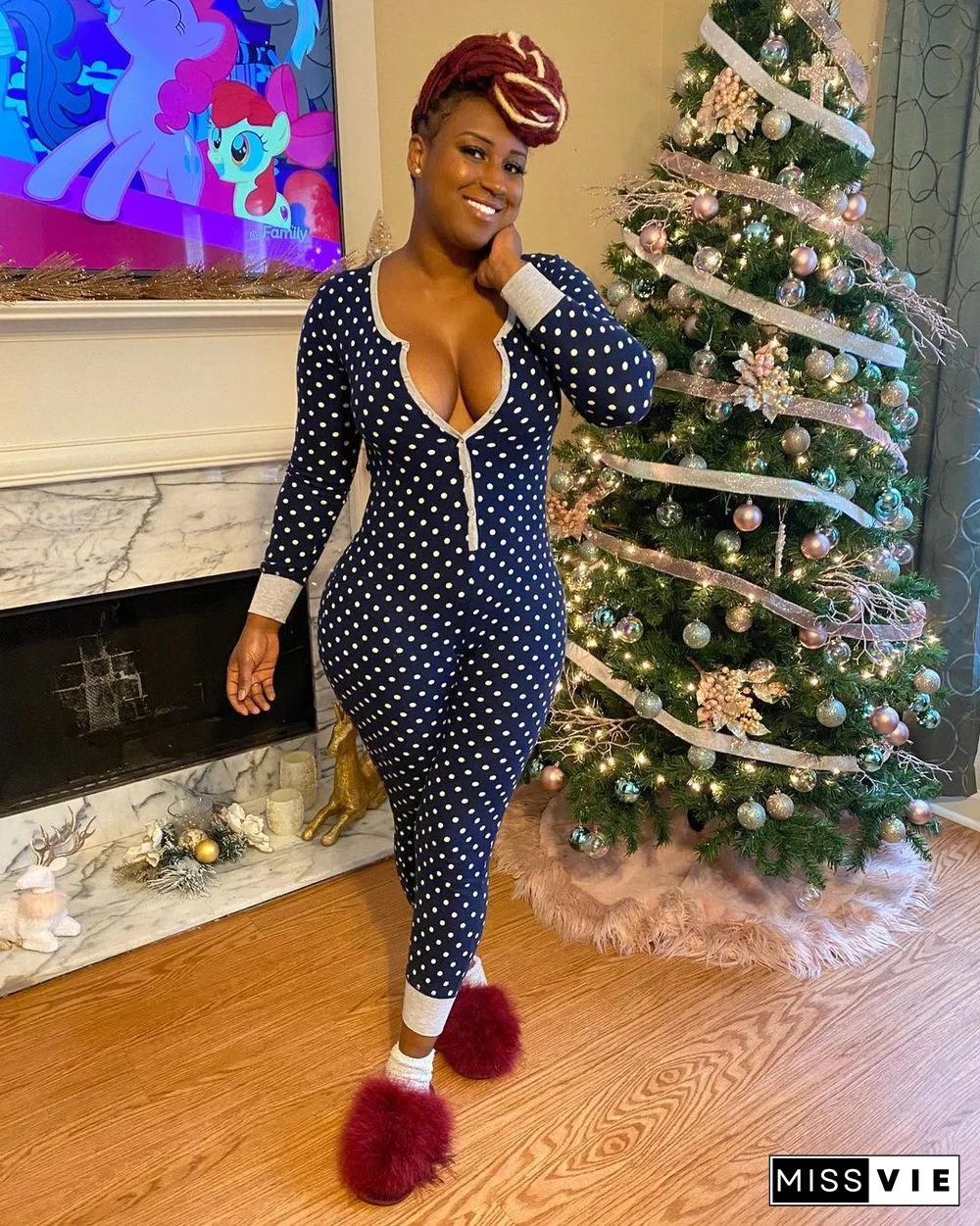 Winter Wave Dot Printed Long Sleeve Pajama Jumpsuit