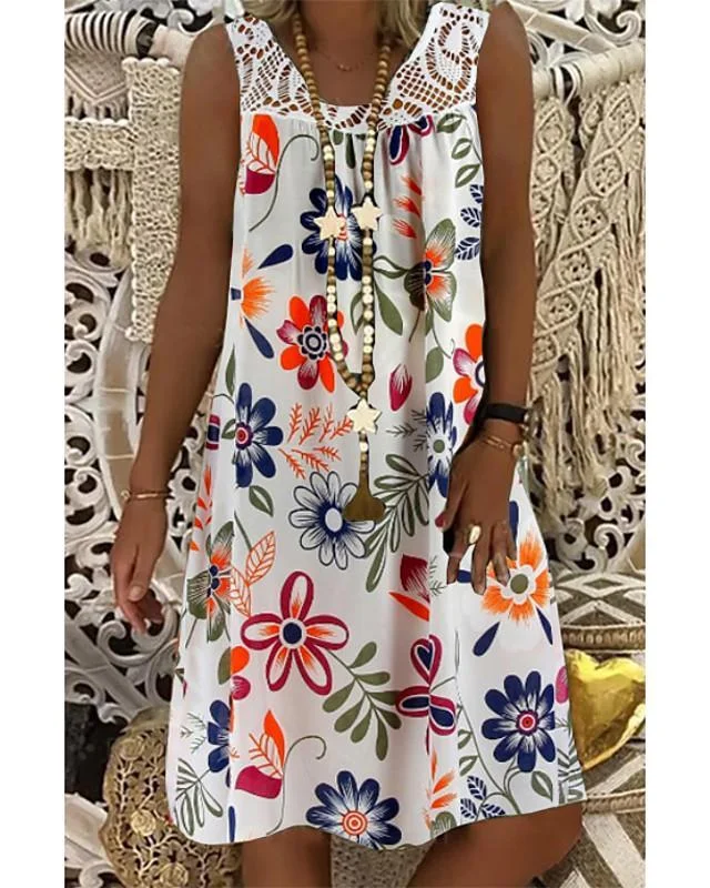 Women's Shift Dress Knee Length Dress - Sleeveless Floral Lace Print Summer Plus Size Hot Mumu Beach vacation dresses 2020 White Black Army Green Fuchsia Navy Blue M L XL XXL 3XL 4XL 5XL