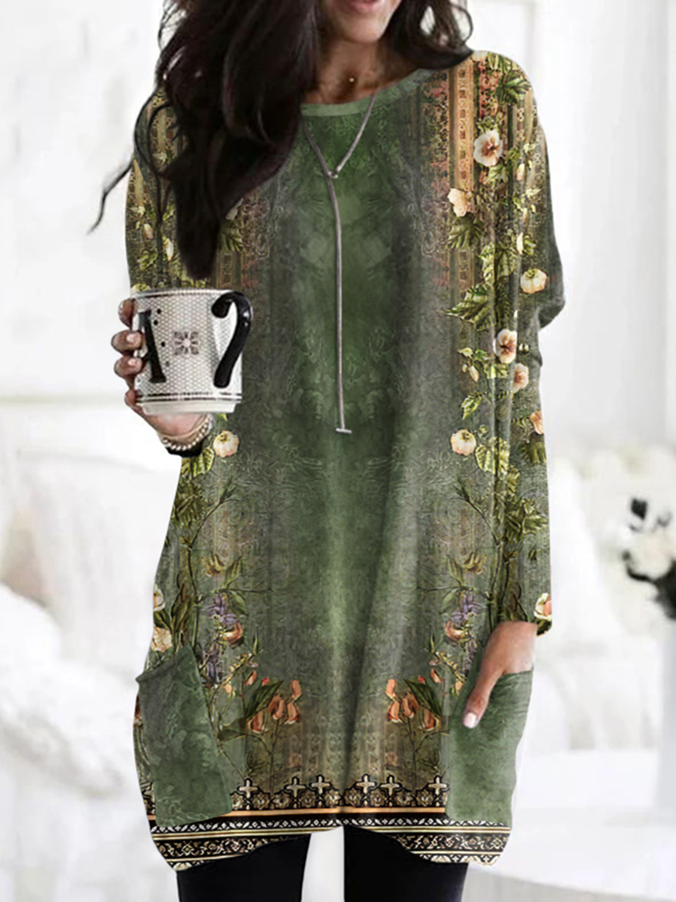 Comstylish Women's Floral Art Print Casual Cozy Long T-Shirt