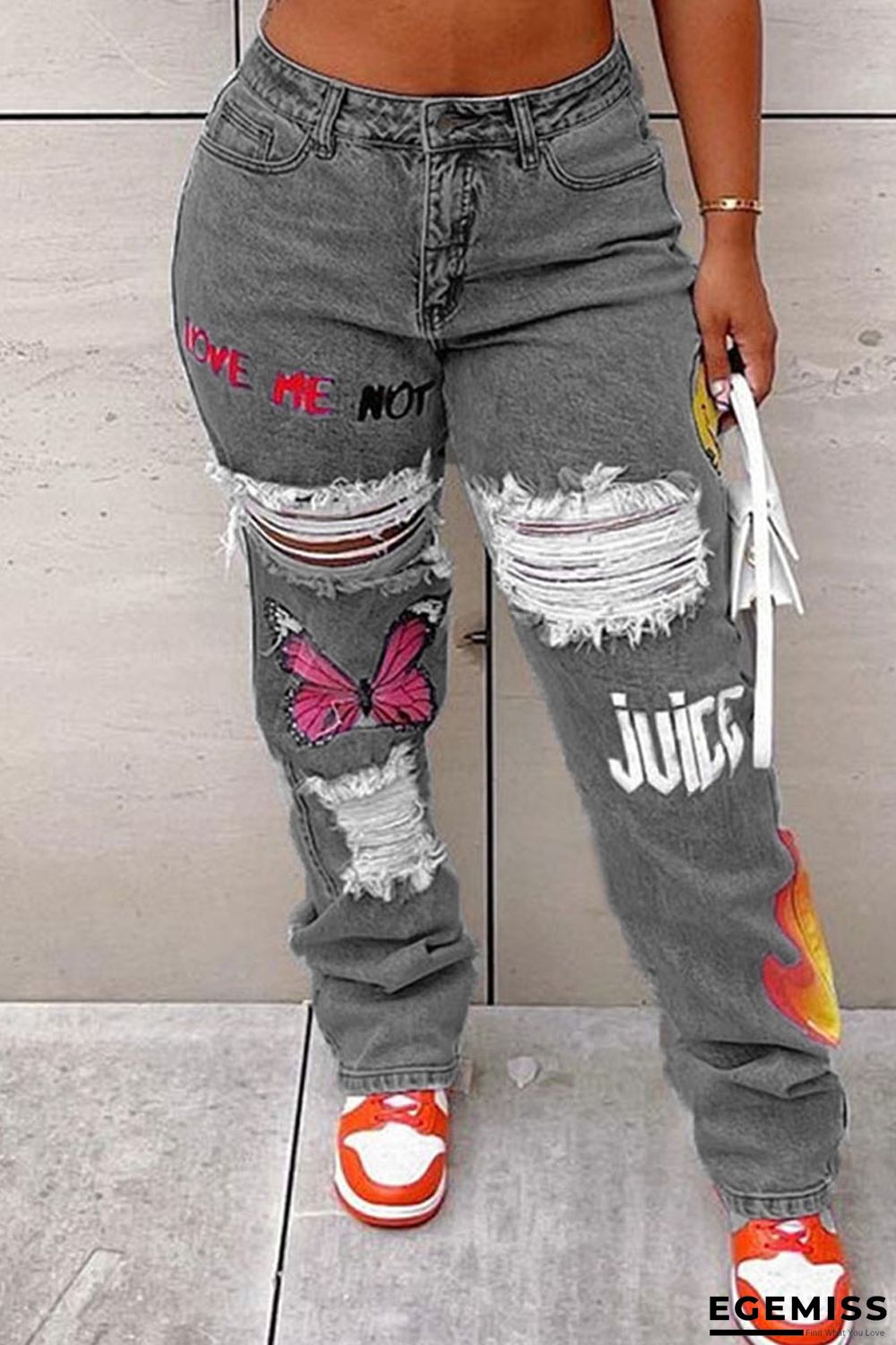 Grey Street Print Ripped Make Old Patchwork High Waist Straight Denim Jeans | EGEMISS