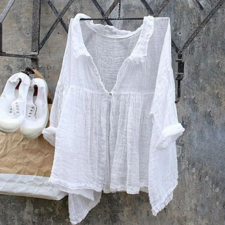 Vintage Button V Neck Cotton And Linen Comfy Shirt