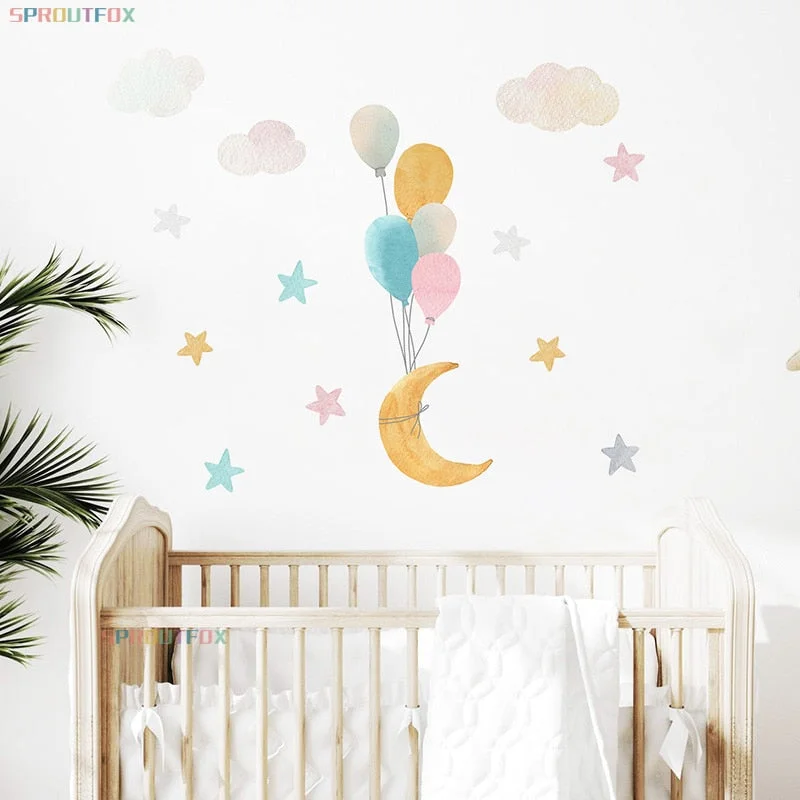 Colorful Balloon Moon Stars Cartoon Wall Stickers for Baby Rooms Door Decoration Stickers Waterproof Vinyl Wall Decal Kawaii
