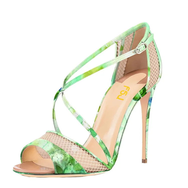 Women's Green Floral Heels Cross Over Stiletto heel Sandals |FSJ Shoes
