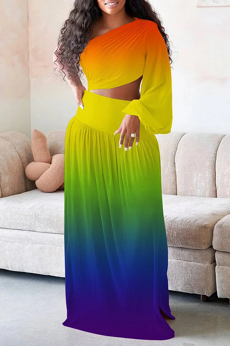 Xpluswear Plus Size Rainbow Casual One Shoulder Gradient Split Boho Two Pieces Skirt Sets [Pre-Order]