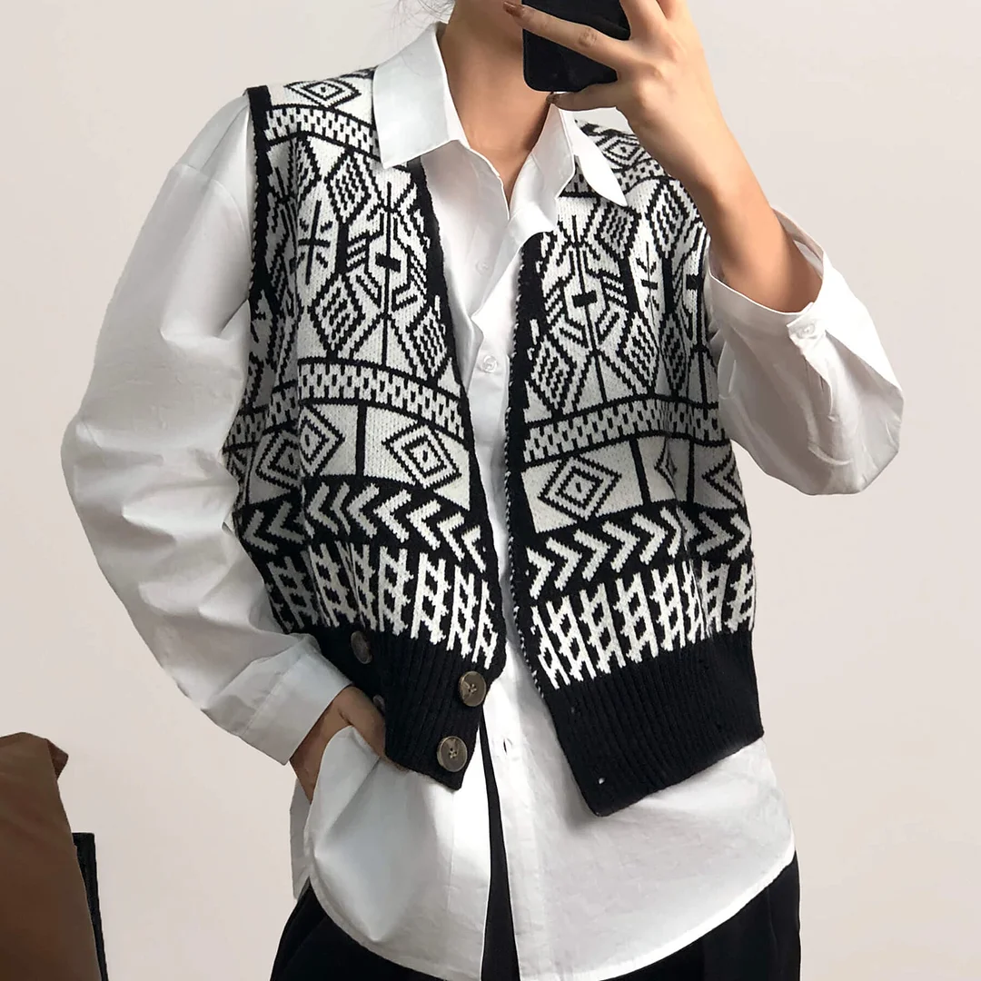 Abebey Black Surplice Geo Jacquard-Knit Sweater Vest