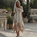 Women's Vintage Pink Rose Gradient Pattern Linen Crew Neck Dress - Image 2