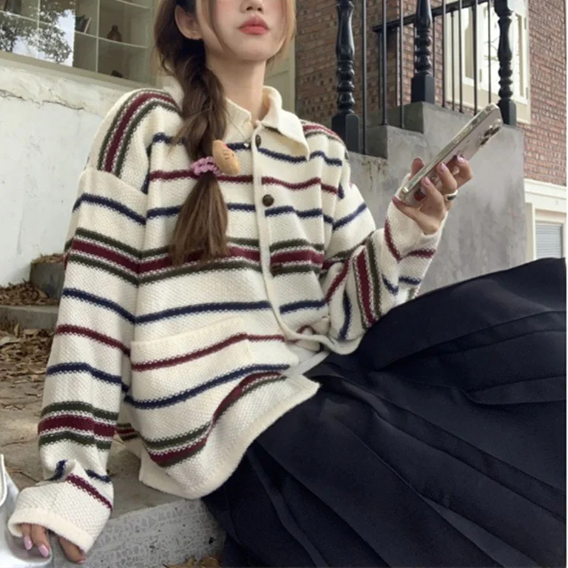 Churchf Churchf 2024 South Korean Autumn And Winter New Loose Lazy Wind Lapel Shows Thin Knit Cardigan Striped Coat Jacket Female