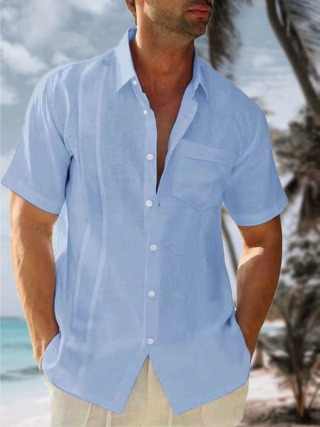 Men's Solid Color Pocket Cotton Linen Casual Short Sleeve Shirt