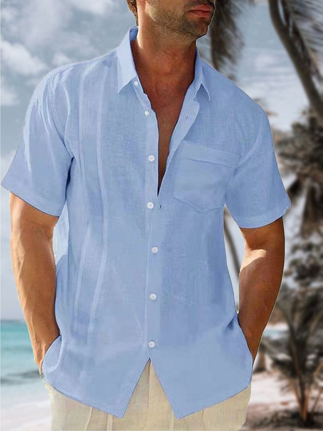 Men's Solid Color Pocket Cotton Linen Casual Short Sleeve Shirt