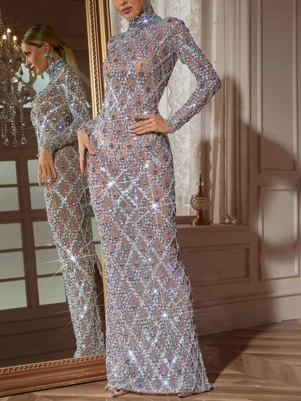 High Collar Sequin Solid Color Maxi Dress