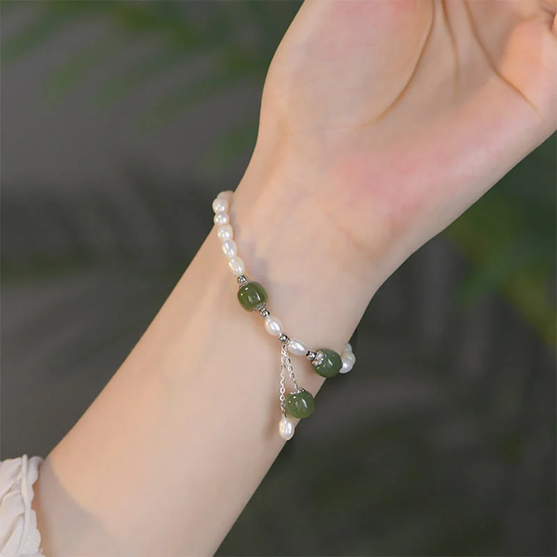 925 Sterling Silver Natural Pearl Hetian Jade Healing Bracelet