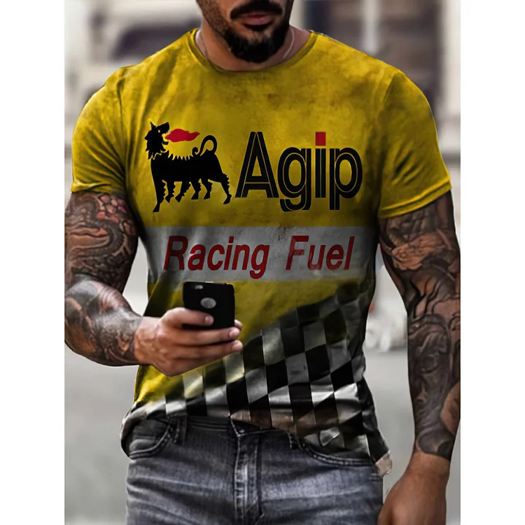 Demandernyc 2025 Men&rsquo;s T Shirt 3d Print Oil Stp Short Sleeve Tops Retro Motorcycle Racing T-shirts Oversized Tee Shirt Men Clothing Esso Top