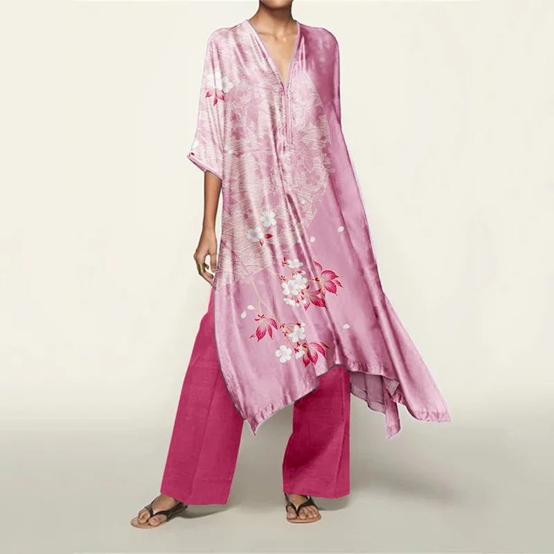 Japanese Cherry Blossom Flowy Kaftan & Pants Set