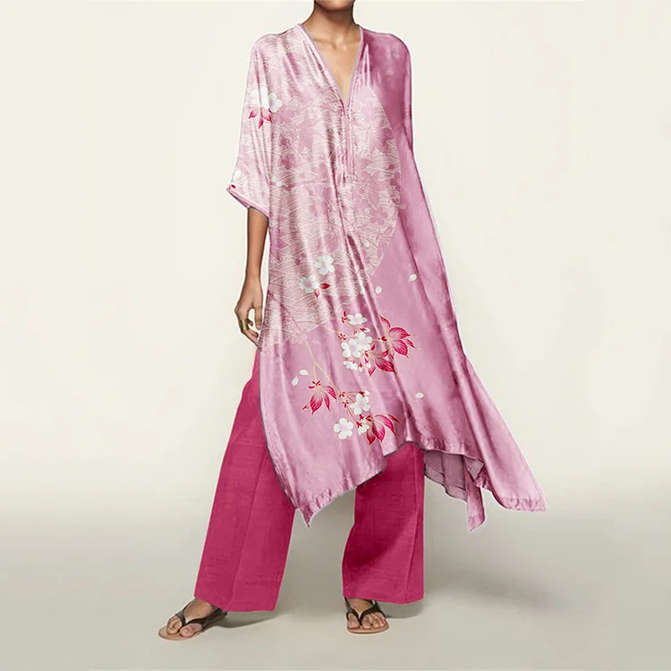 Japanese Cherry Blossom Flowy Kaftan & Pants Set
