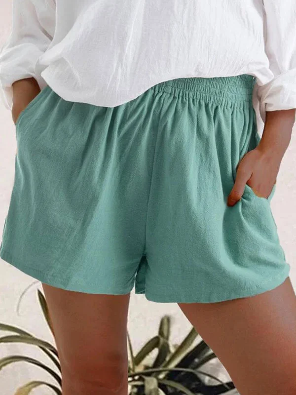 Cotton Linen Solid Color Loose Casual Pocket Elastic Waist Lace-Up Shorts