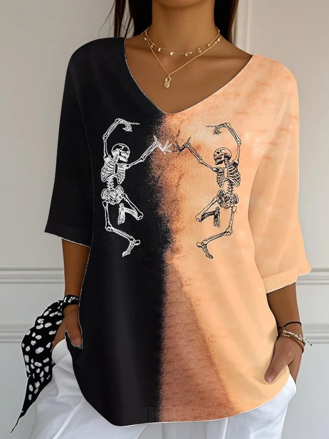 🔥Buy 3 Get 10% Off🔥Women'S Casual Halloween Carnival Skeleton Print V-Neck T-Shirt 