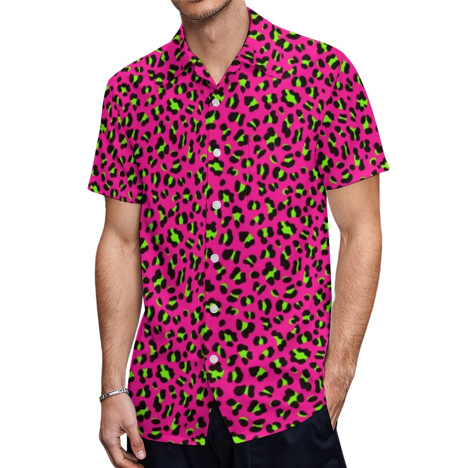 80S Neon Pink Fuchsia And Lime Green Leopard Hawaiian Shirt Mens Button Down Tropical Hawaii Beach Shirts