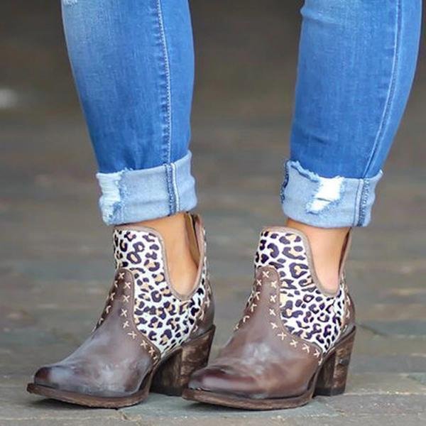 Prettyava Cut-Out Patchwork White Leopard Ankle Boots