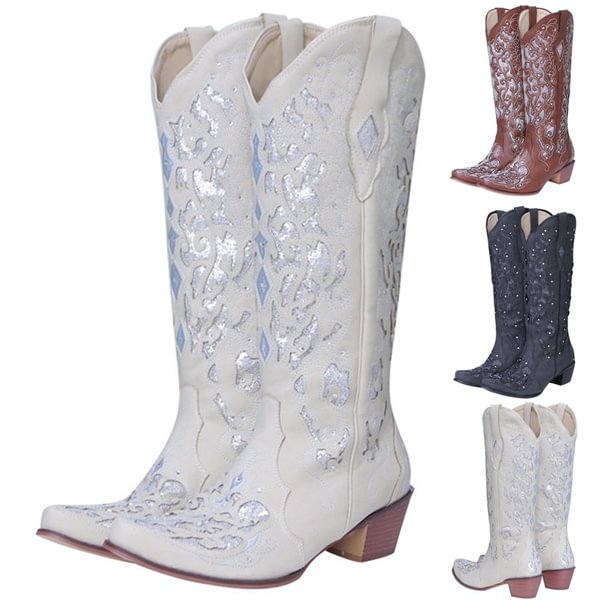 2022 Women New Comfortable Thick Heel Low Heel Cowboy Boots Rhinestone Decorative High Boots Tall Boots Size 34-43 - Shop Trendy Women's Clothing | LoverChic