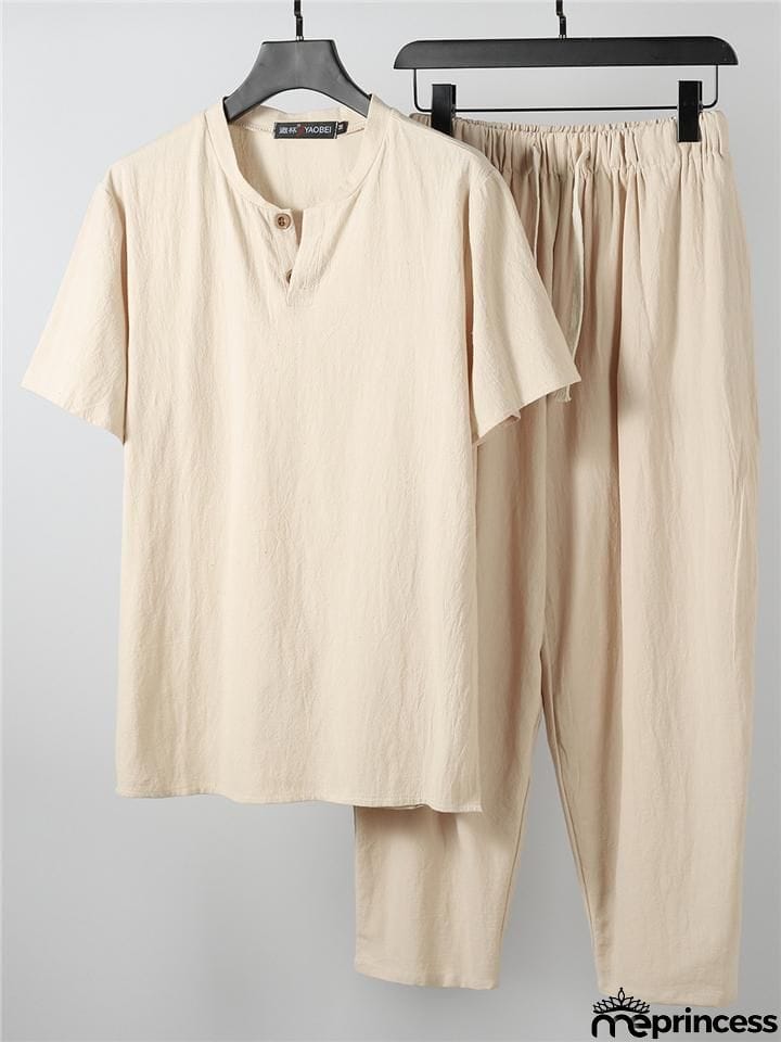 Solid Color Lightweight 2-Piece Outfit Button T-Shirt + Drawstring Waistband Cropped Pants