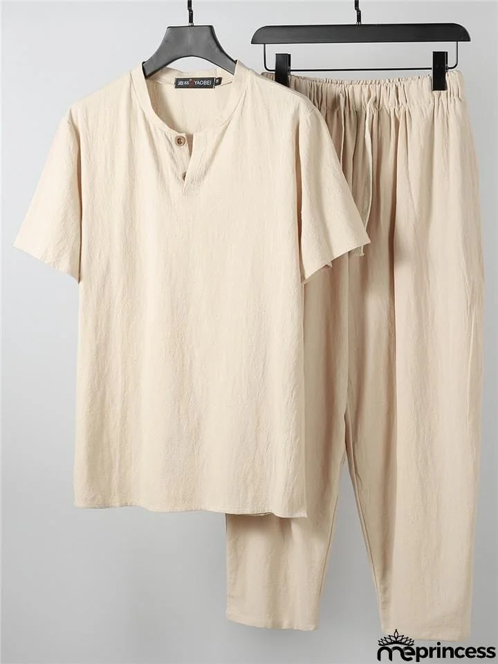 Solid Color Lightweight 2-Piece Outfit Button T-Shirt + Drawstring Waistband Cropped Pants