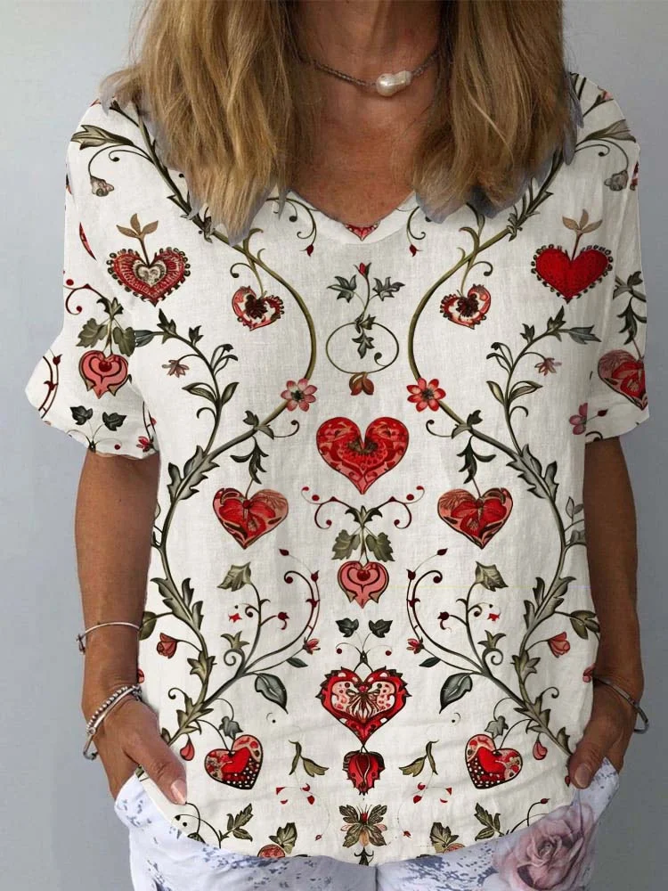 Womens Elegant love Floral Pattern Cotton and Linen Short Sleeve Top