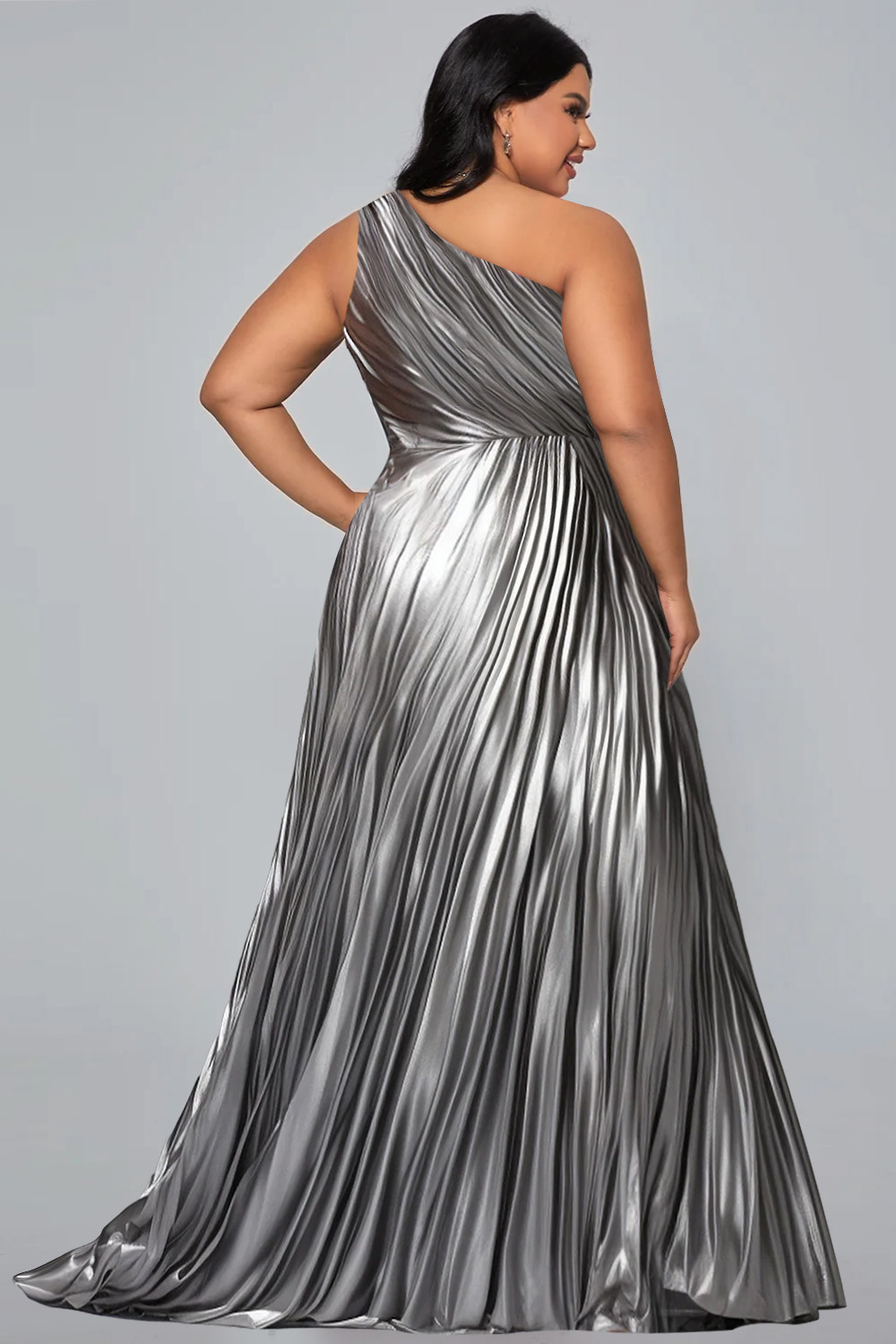Design Plus Size Formal Elegant Silver Oblique Collar One Shoulder Pleated Glitter Maxi Dresses [Pre-Order]