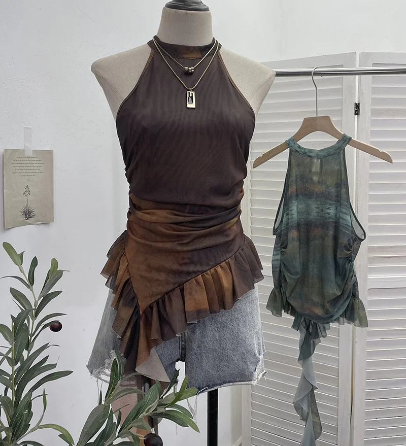 Uveng Trend Irregular Hanging Neck Dyeing Net Yarn Vest Lotus Side Ribbon Short Sleeveless Top 9969